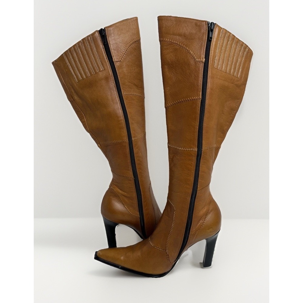 Vintage Wild Orchid Cognac Leather Wavy Patch Stitch Knee High Boots Y2K Size 10 - Picture 2 of 15